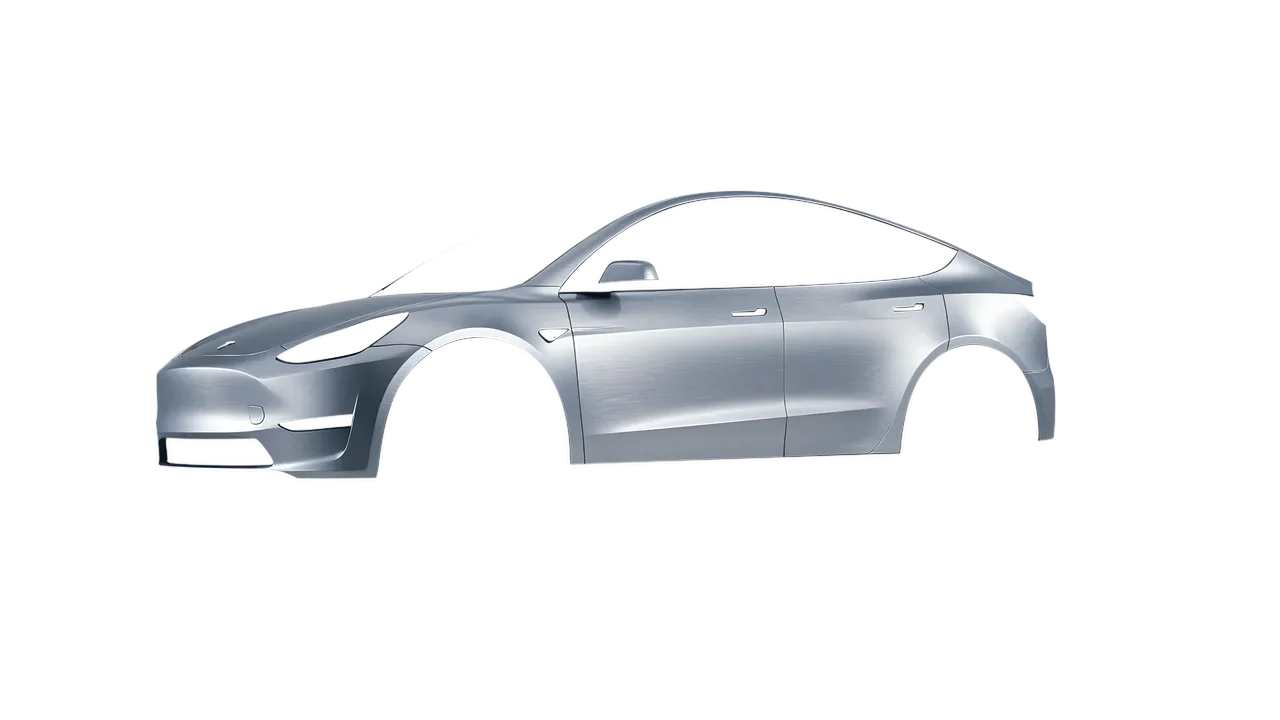 Tesla Model Y 2020 wrapped in Brushed Aluminum (Avery Dennison SW900-812-X), front three-quarter view