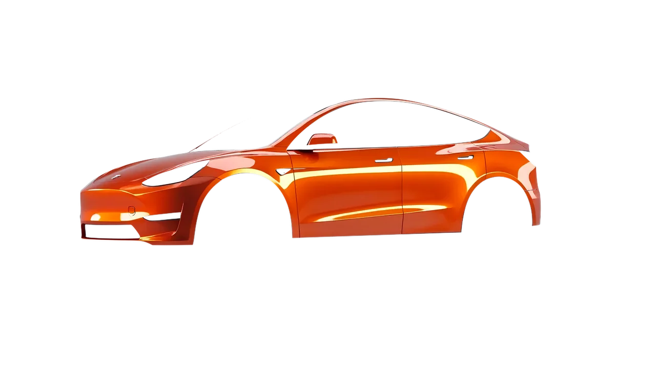 Tesla Model Y 2020 wrapped in Fiery Orange (3M G364), front three-quarter view
