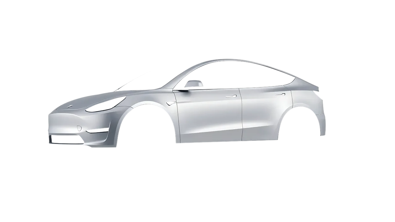 Tesla Model Y 2020 wrapped in Matte Silver (3M M21), front three-quarter view