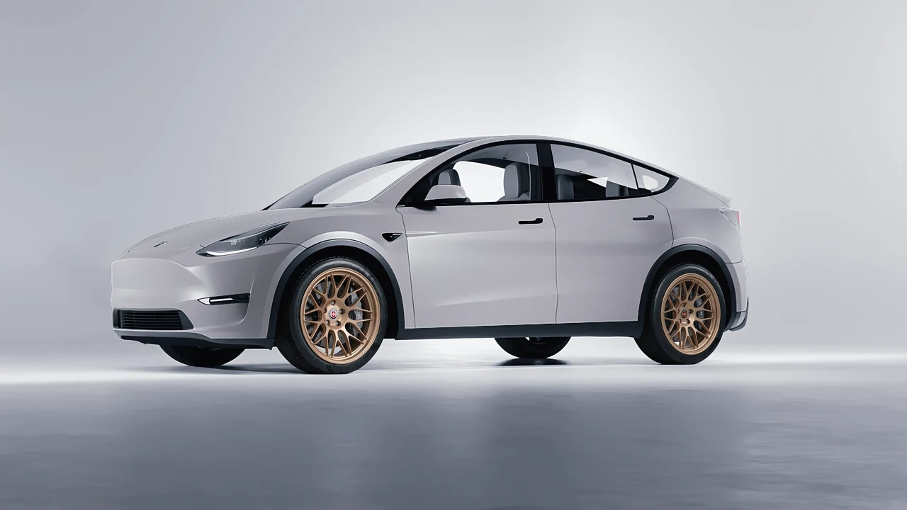 Tesla Model Y 2020 on HRE Performance Wheels 300-GTS forged wheels, front three-quarter view