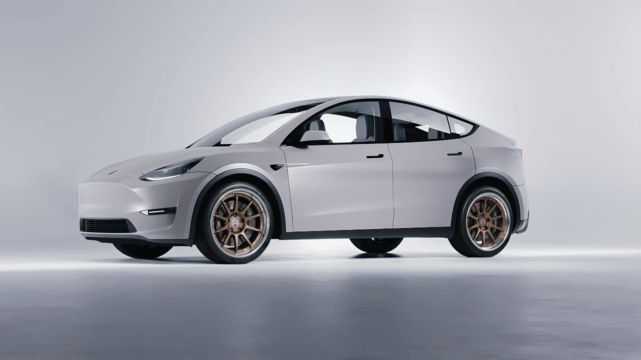 Tesla Model Y 2020 on HRE Performance Wheels C103 forged wheels, front three-quarter view