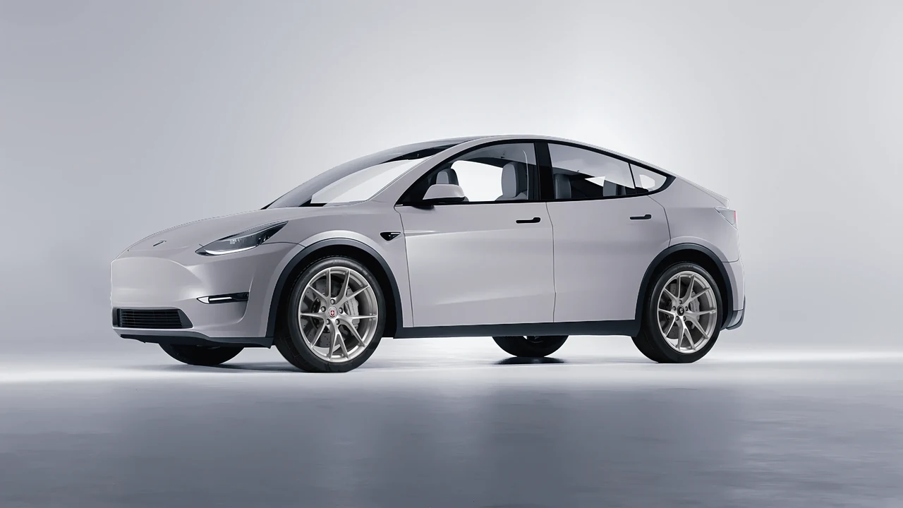 Tesla Model Y 2020 on HRE Performance Wheels P101 forged wheels, front three-quarter view
