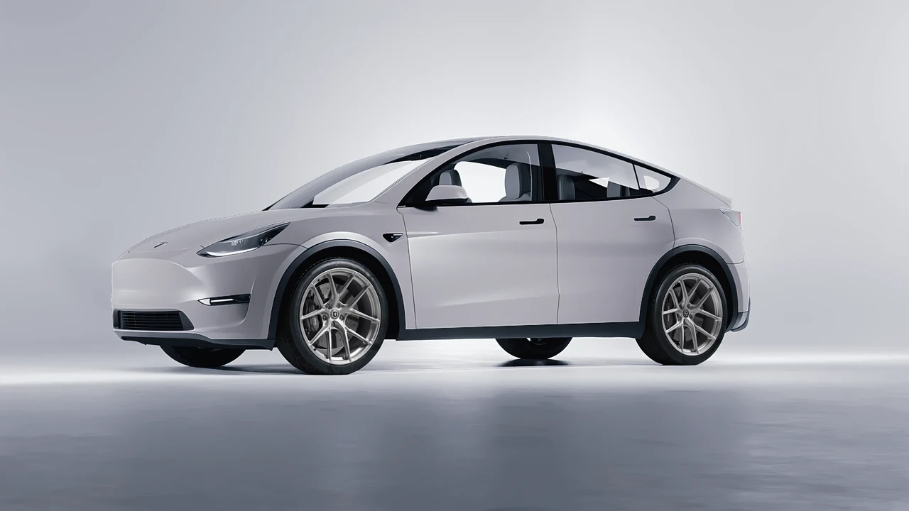 Tesla Model Y 2020 on HRE Performance Wheels P101SC forged wheels, front three-quarter view