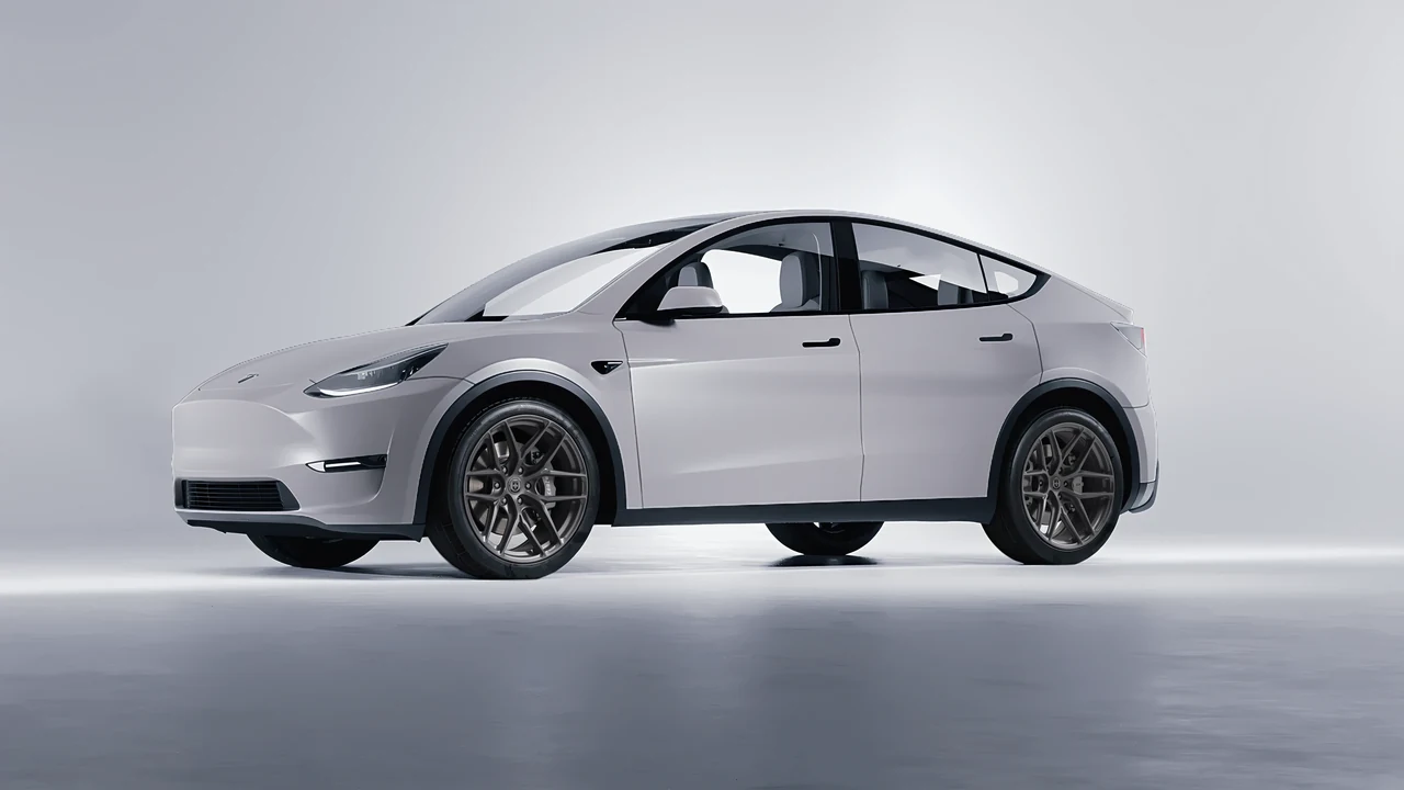 Tesla Model Y 2020 on HRE Performance Wheels P161SC forged wheels, front three-quarter view