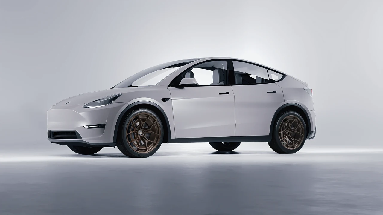 Tesla Model Y 2020 on HRE Performance Wheels P301 forged wheels, front three-quarter view