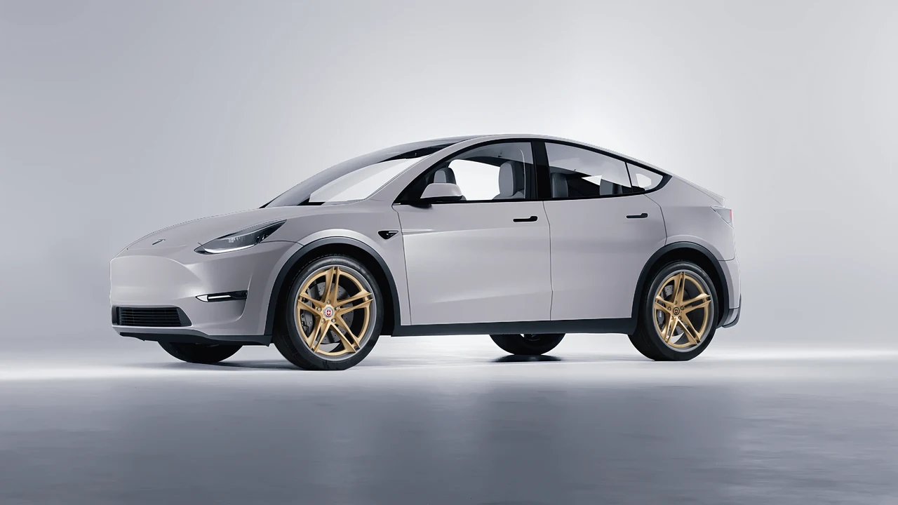 Tesla Model Y 2020 on HRE Performance Wheels S207H forged wheels, front three-quarter view
