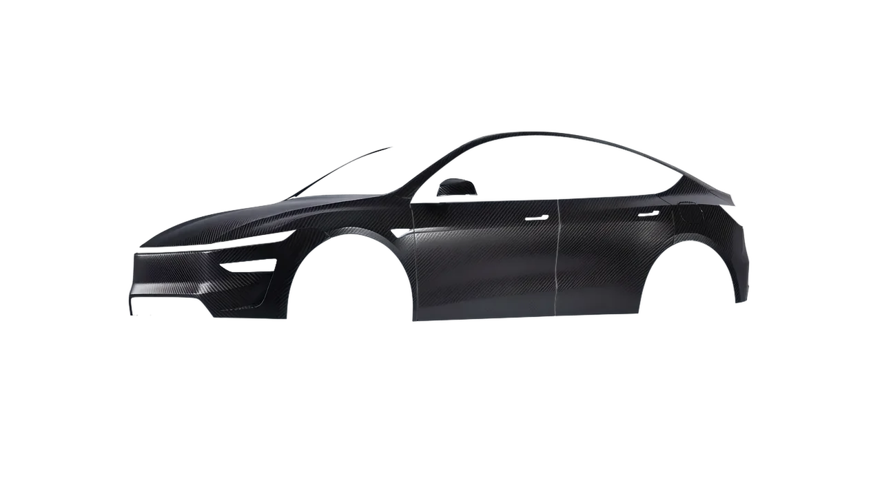 Tesla Model Y Juniper 2025 wrapped in Black Gloss Carbon Fibre Vehicle Wrapping System (KPMF K87021), front three-quarter view