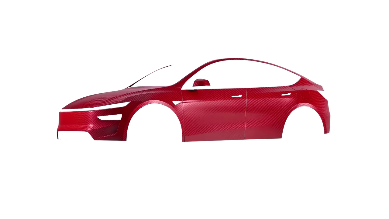 Tesla Model Y Juniper 2025 wrapped in Geranium Red Carbon (ORACAL 975-305CA), front three-quarter view