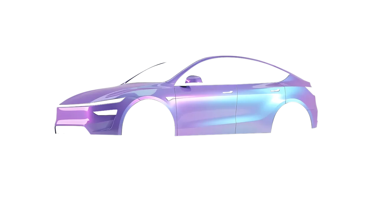 Tesla Model Y Juniper 2025 wrapped in Amethyst Gloss (ORACAL 970RA-316G), front three-quarter view