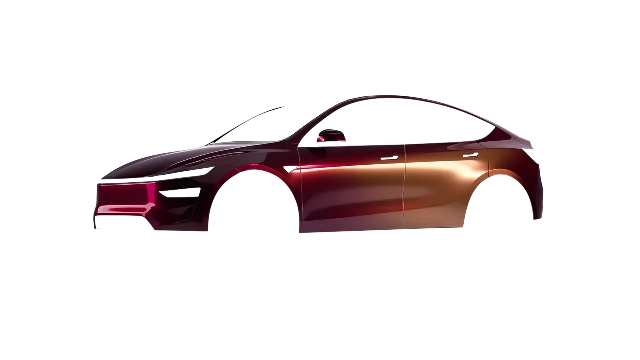 Tesla Model Y Juniper 2025 wrapped in Cranberry Gloss (ORACAL 970RA-320G), front three-quarter view