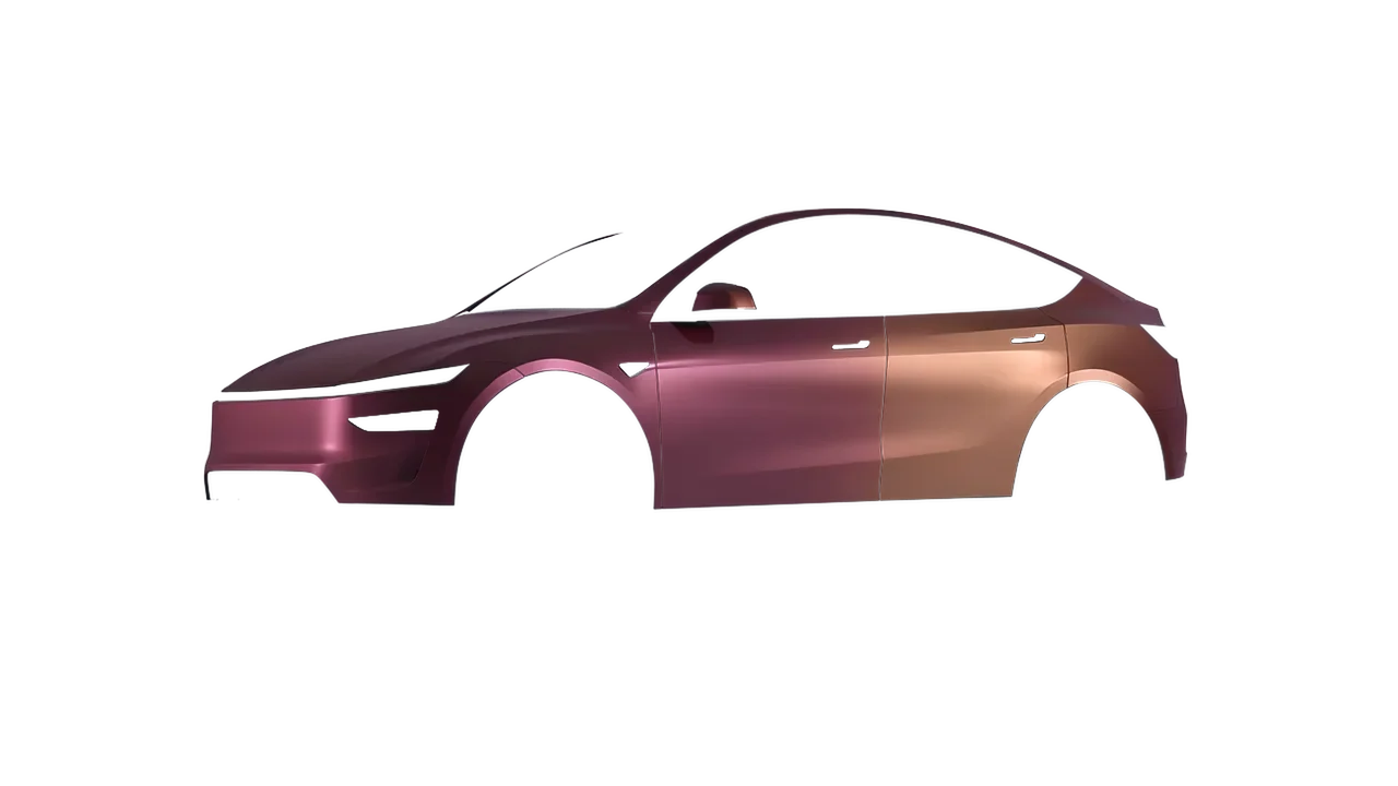 Tesla Model Y Juniper 2025 wrapped in Cranberry Matt (ORACAL 970RA-320M), front three-quarter view
