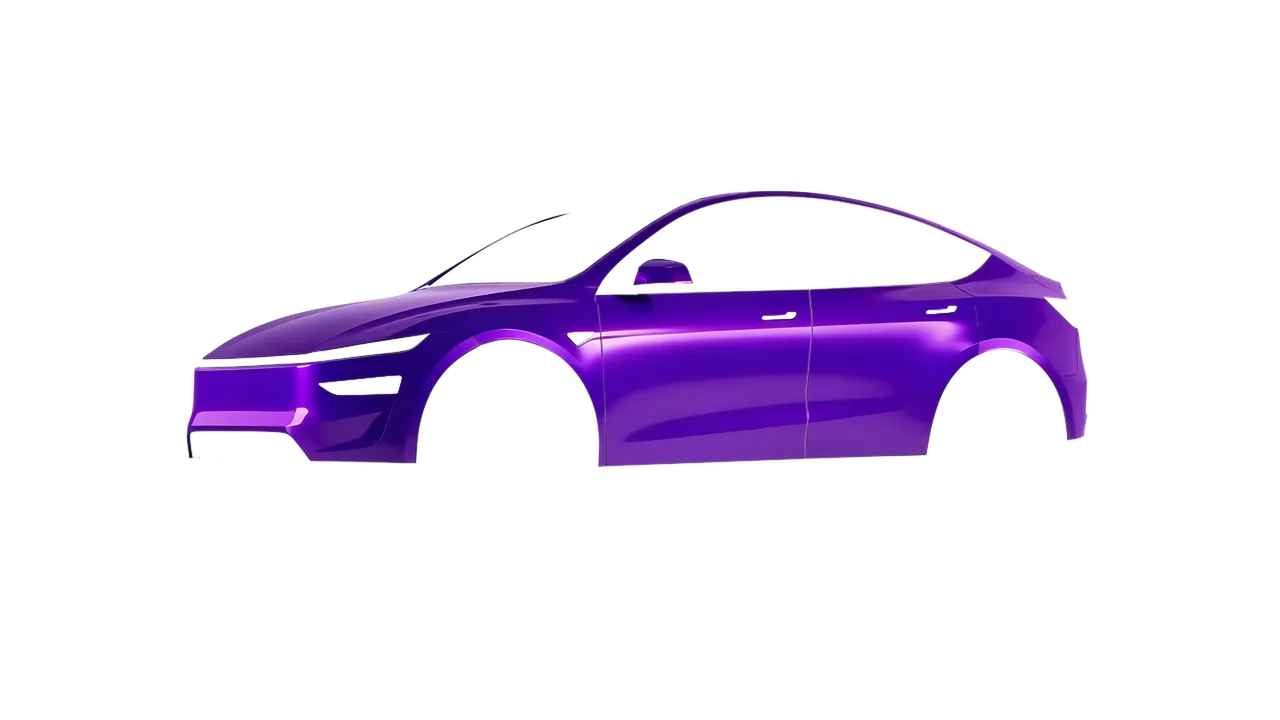 Tesla Model Y Juniper 2025 wrapped in Enchanted Violet Gloss (ORACAL 970RA-175G), front three-quarter view