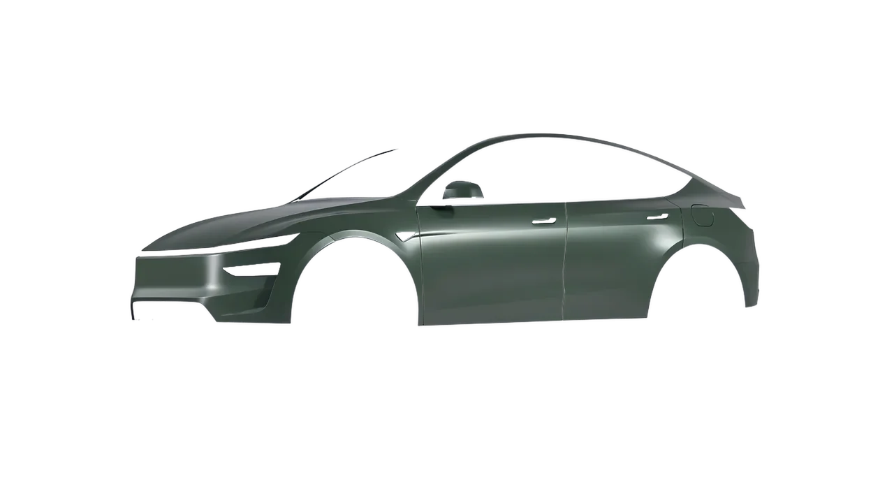Tesla Model Y Juniper 2025 wrapped in Matt Platinum Dark Sage (KPMF K75560), front three-quarter view