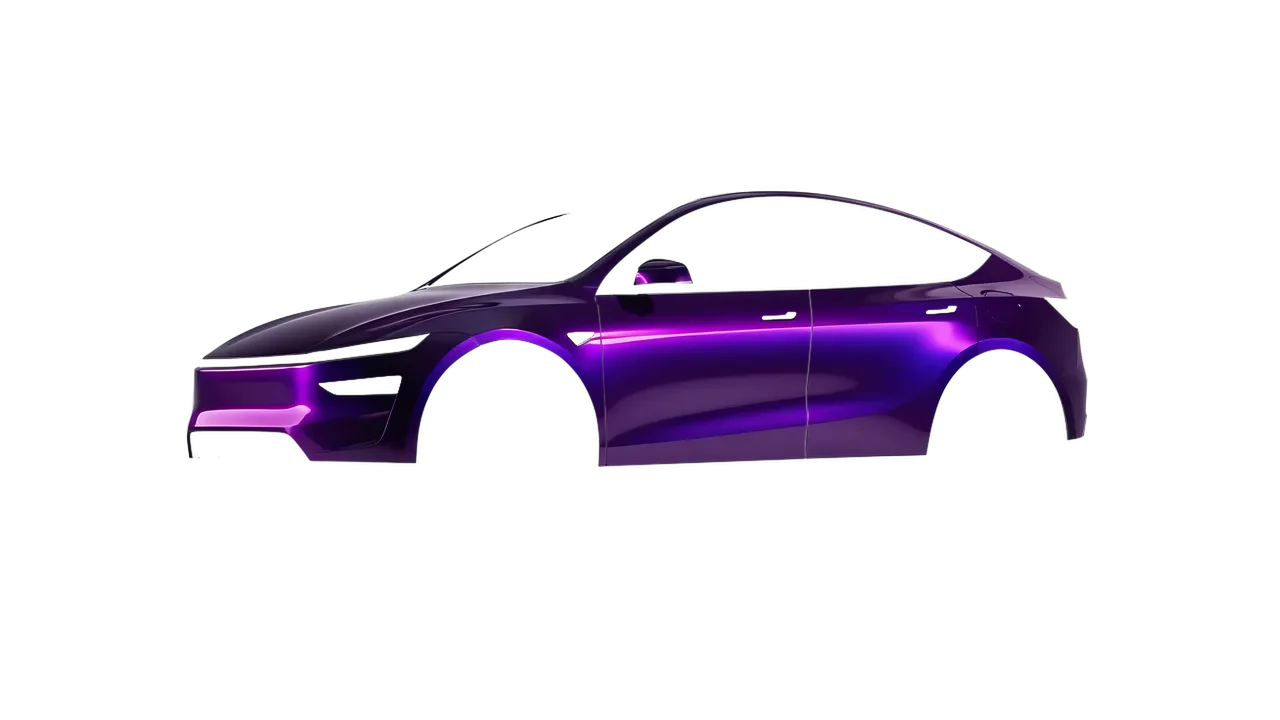 Tesla Model Y Juniper 2025 wrapped in Purple Black Iridescent Gloss (KPMF K75465), front three-quarter view