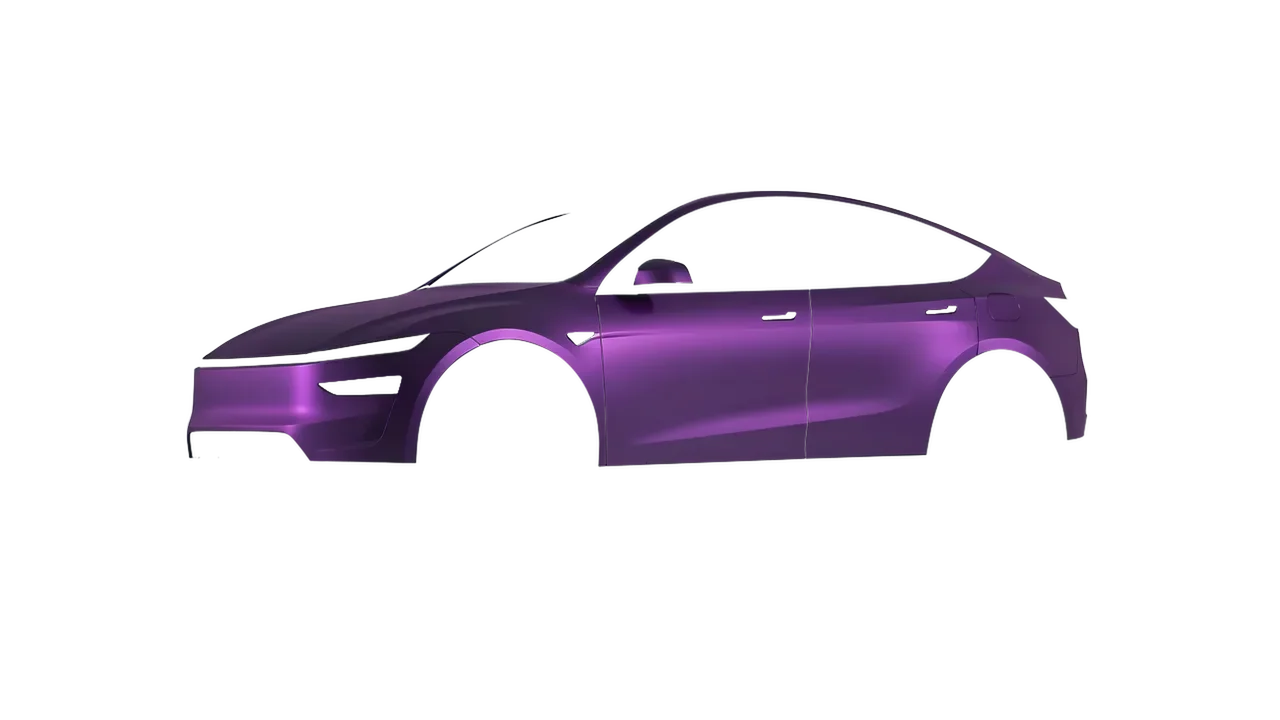 Tesla Model Y Juniper 2025 wrapped in Matt Purple Black Iridescent (KPMF K75565), front three-quarter view