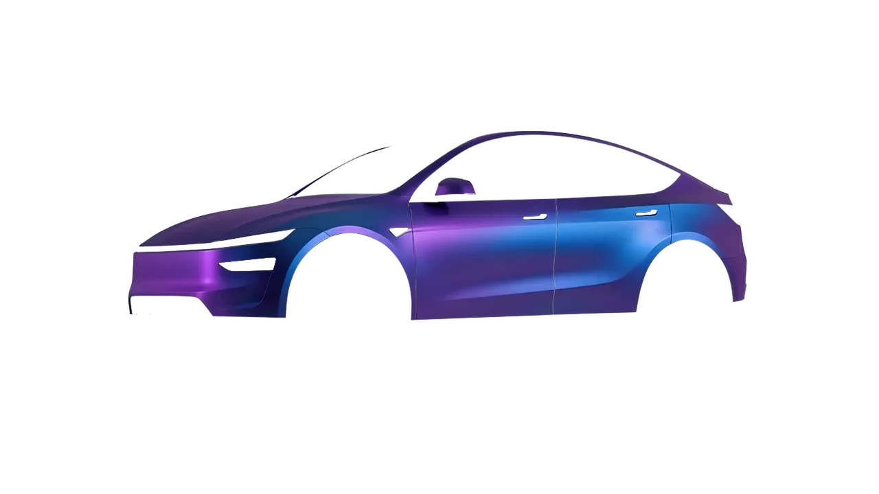 Tesla Model Y Juniper 2025 wrapped in Matt Purple Blue Iridescent (KPMF K75566), front three-quarter view