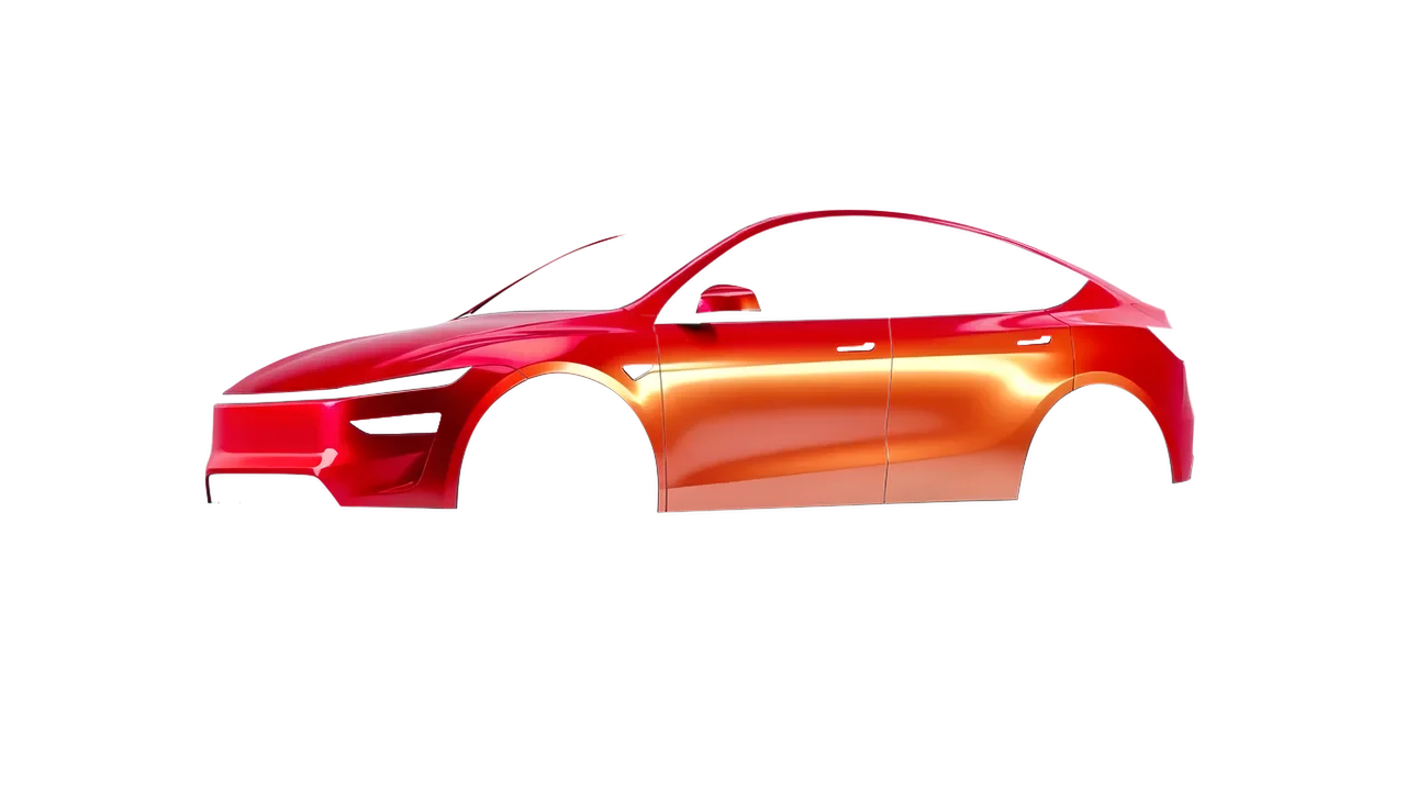 Tesla Model Y Juniper 2025 wrapped in Sunset Shift Gloss (ORACAL 970RA-100G), front three-quarter view