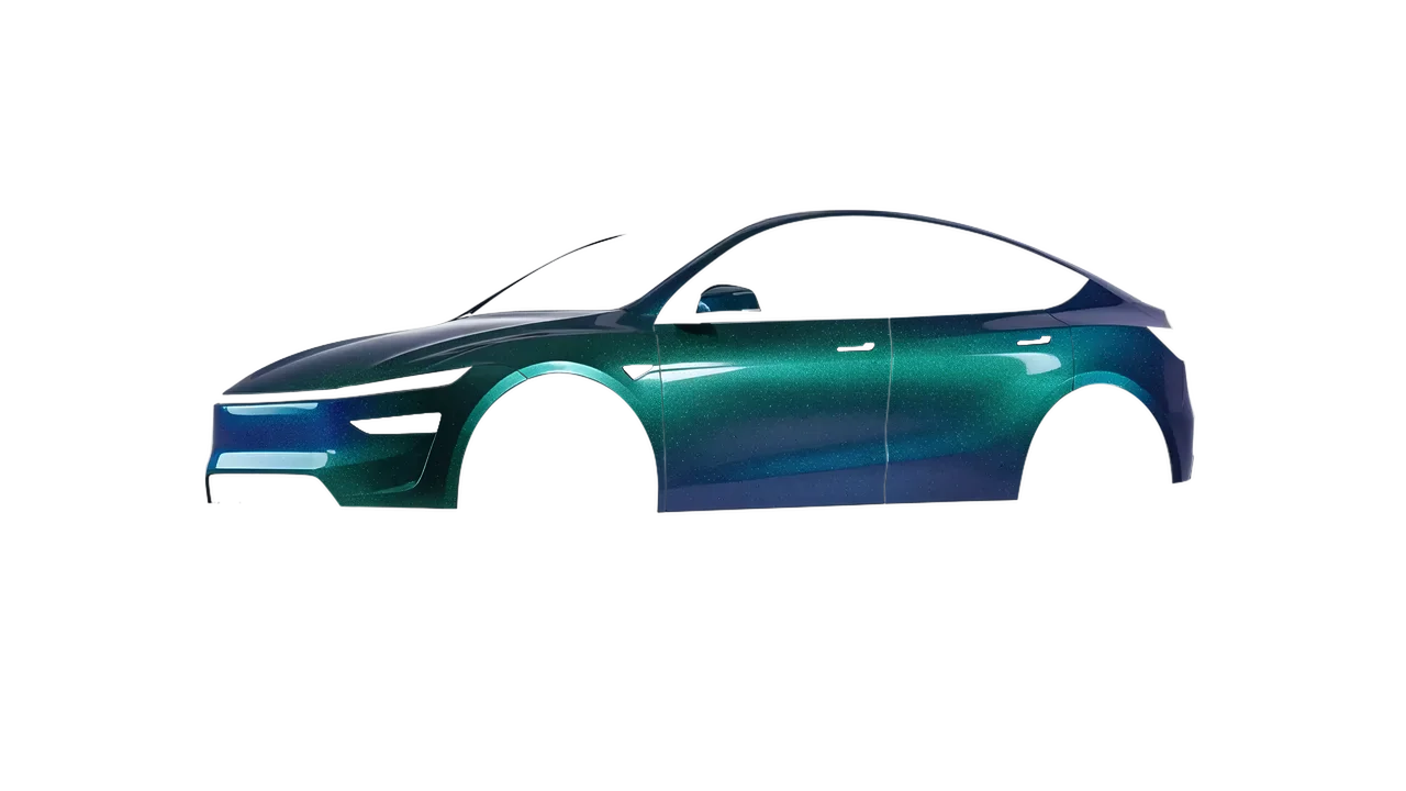 Tesla Model Y Juniper 2025 wrapped in Thunderous Blue Green Gloss (ORACAL 970RA-851G), front three-quarter view