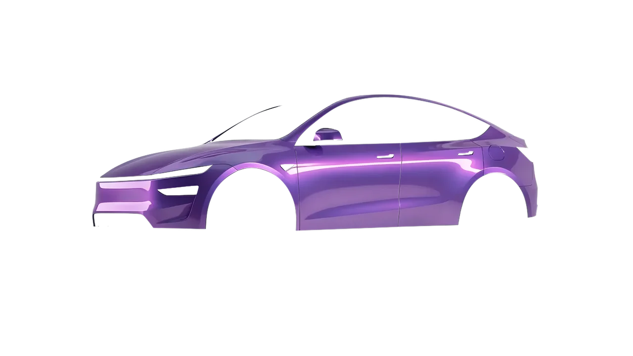 Tesla Model Y Juniper 2025 wrapped in Violet Haze Gloss (KPMF K75473), front three-quarter view