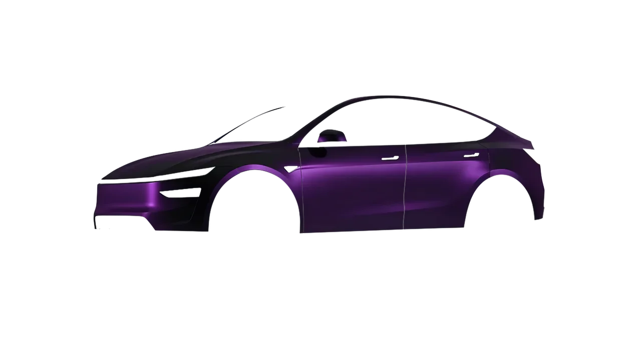 Tesla Model Y Juniper 2025 wrapped in Frozen Midnight Purple (KPMF K75570), front three-quarter view