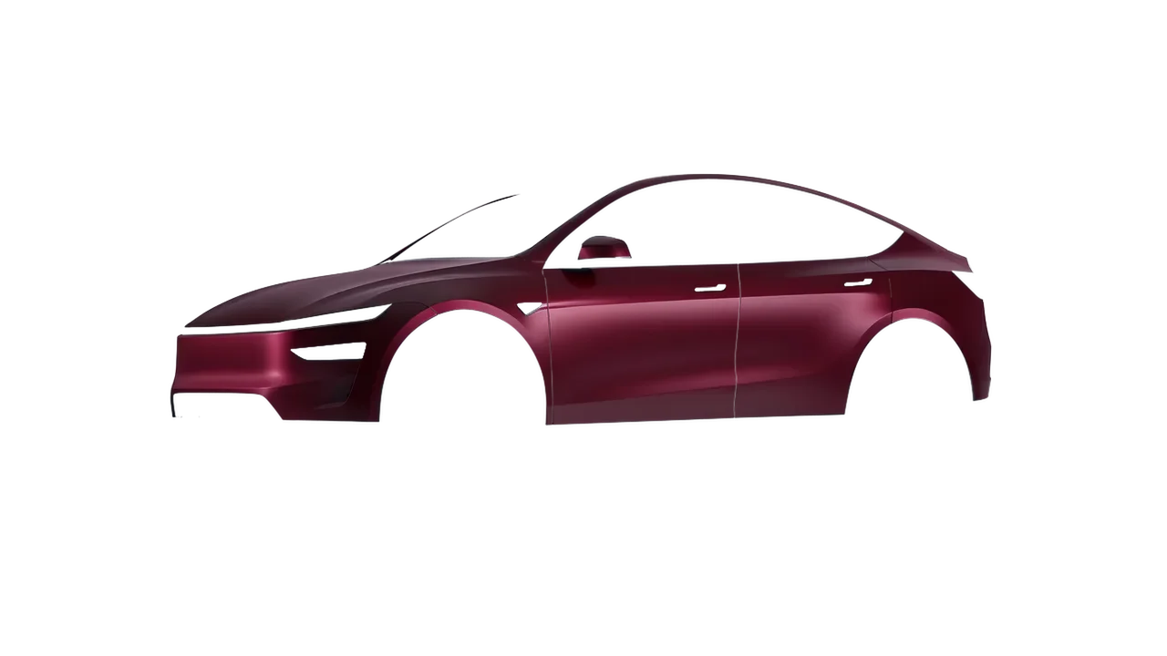 Tesla Model Y Juniper 2025 wrapped in Frozen Ruby Matt (KPMF K75573), front three-quarter view