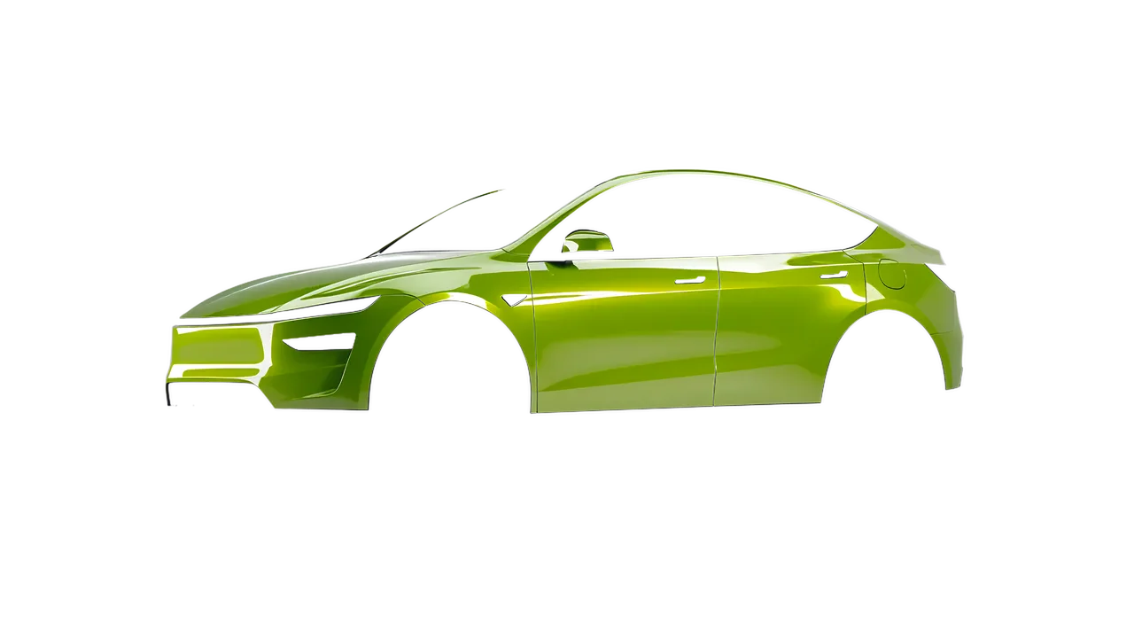 Tesla Model Y Juniper 2025 wrapped in Algae Green Gloss (ORACAL 970RA-688G), front three-quarter view