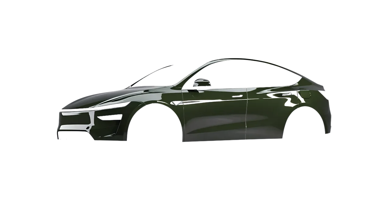 Tesla Model Y Juniper 2025 wrapped in Bottle Green Gloss (ORACAL 970RA-286G), front three-quarter view
