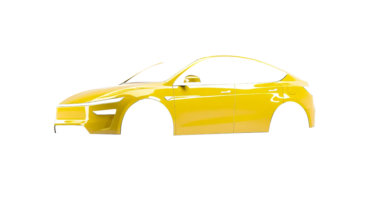 Tesla Model Y Juniper 2025 wrapped in Canary Yellow Gloss (ORACAL 970RA-235G), front three-quarter view