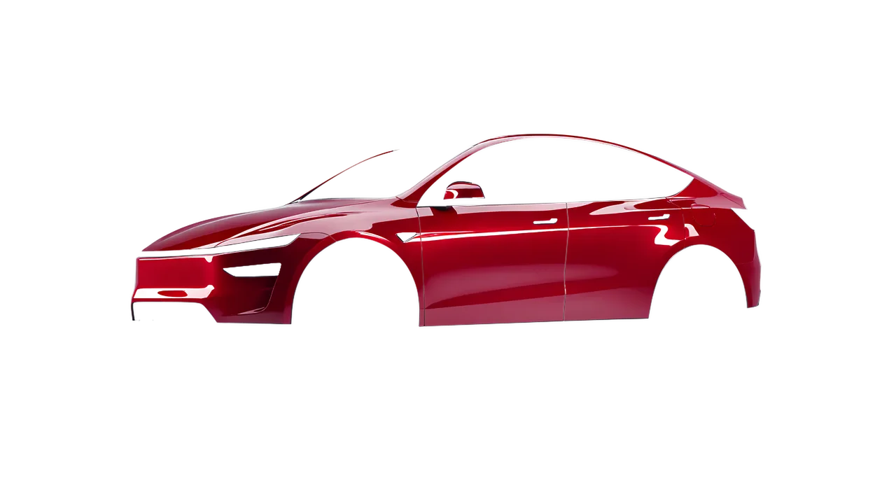 Tesla Model Y Juniper 2025 wrapped in Cardinal Red Gloss (ORACAL 970RA-028G), front three-quarter view