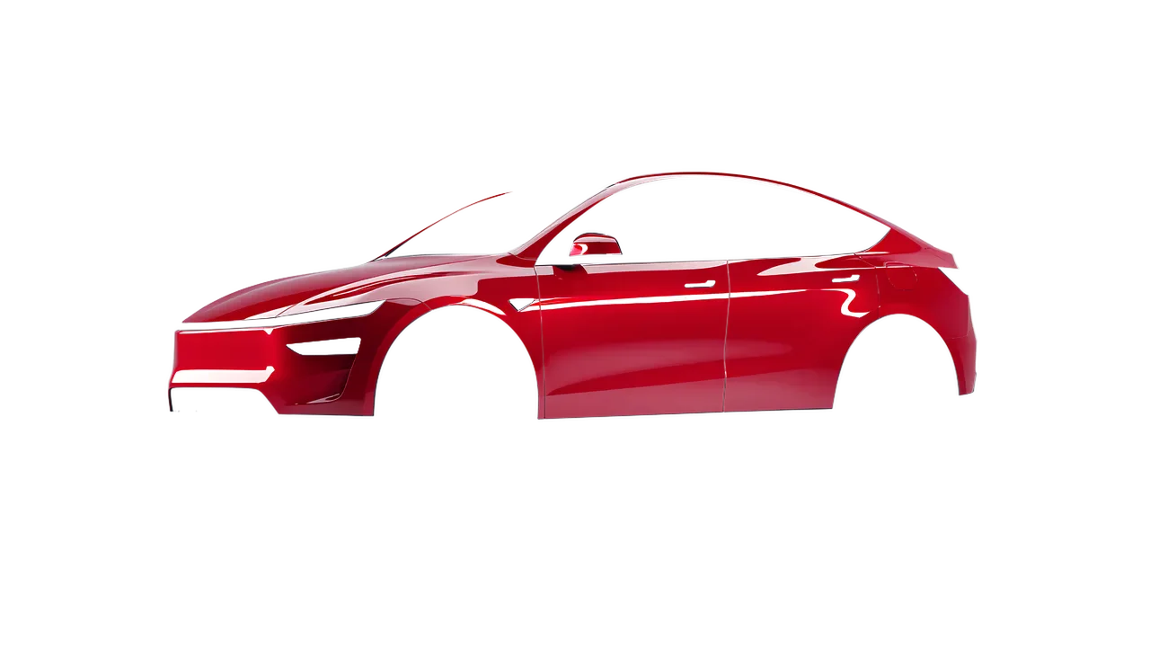 Tesla Model Y Juniper 2025 wrapped in Cargo Red Gloss (ORACAL 970RA-882G), front three-quarter view