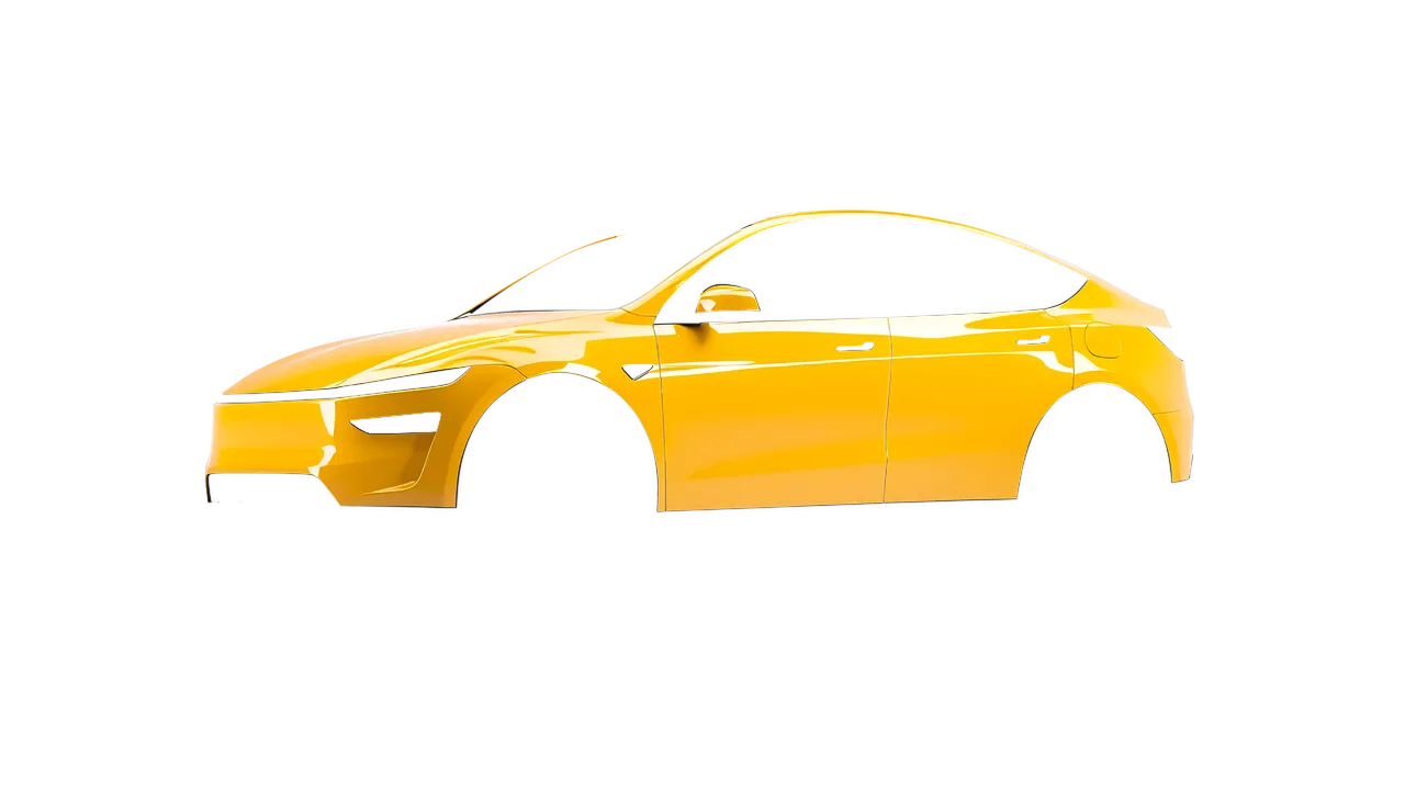 Tesla Model Y Juniper 2025 wrapped in Cargo Yellow Gloss (ORACAL 970RA-256G), front three-quarter view