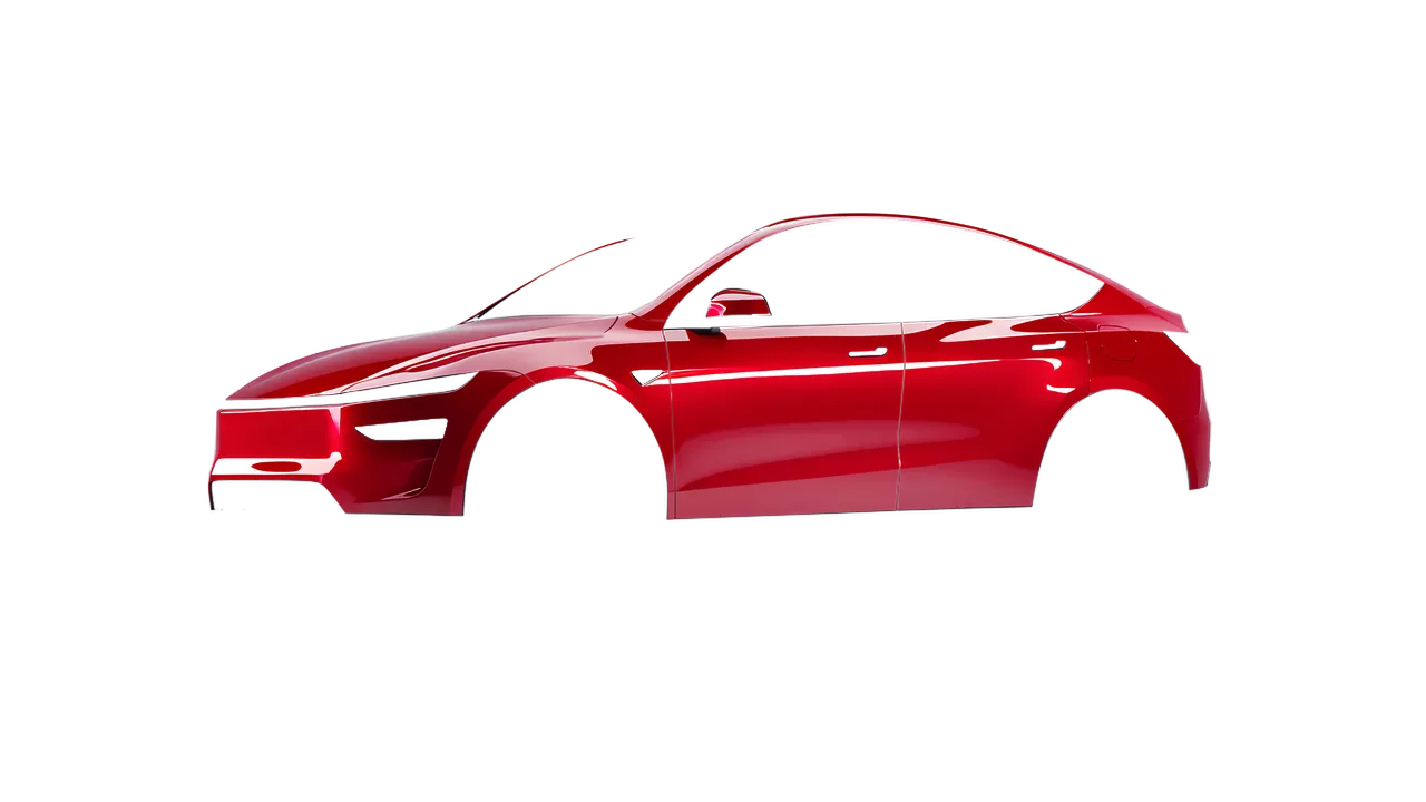Tesla Model Y Juniper 2025 wrapped in Chili Red Gloss (ORACAL 970RA-371G), front three-quarter view