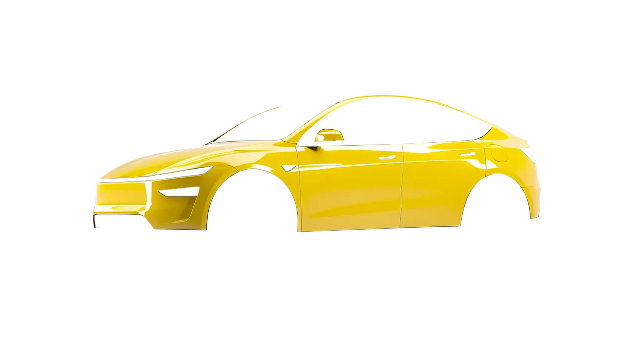 Tesla Model Y Juniper 2025 wrapped in Crocus Yellow Gloss (ORACAL 970RA-201G), front three-quarter view