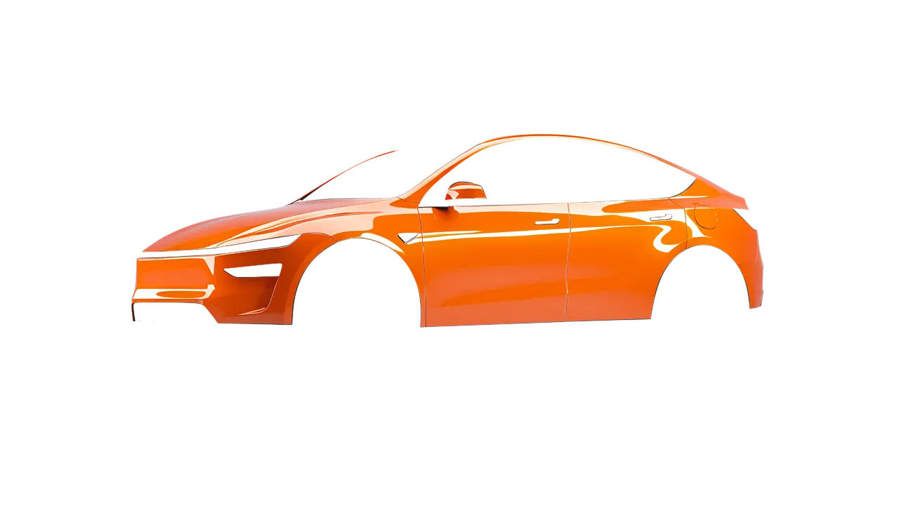 Tesla Model Y Juniper 2025 wrapped in Daggi Orange Gloss (ORACAL 970RA-363G), front three-quarter view