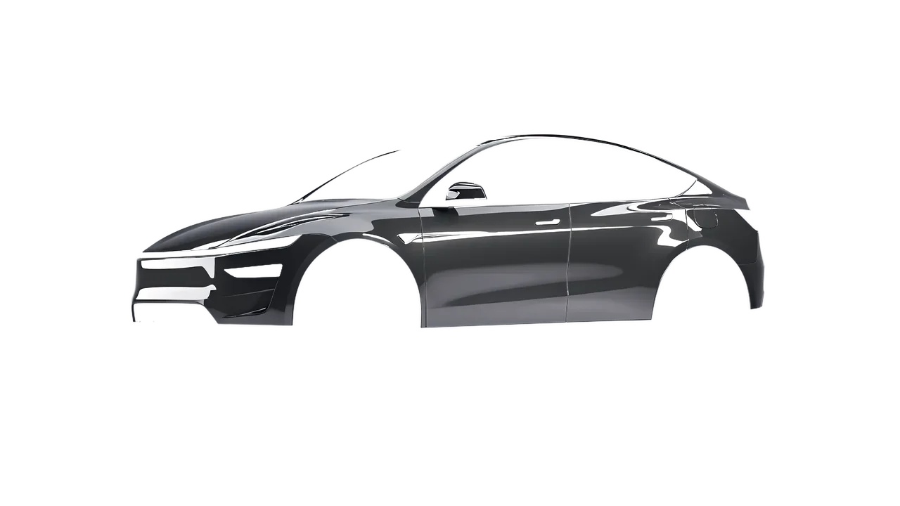Tesla Model Y Juniper 2025 wrapped in Dark Grey Gloss (ORACAL 970RA-073G), front three-quarter view