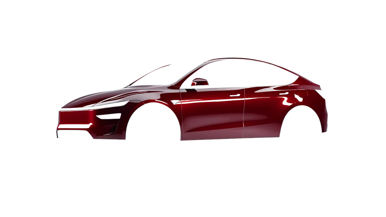 Tesla Model Y Juniper 2025 wrapped in Dark Red Gloss (ORACAL 970RA-030G), front three-quarter view