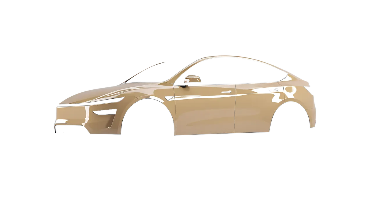 Tesla Model Y Juniper 2025 wrapped in Desert Storm Gloss (KPMF K75457), front three-quarter view