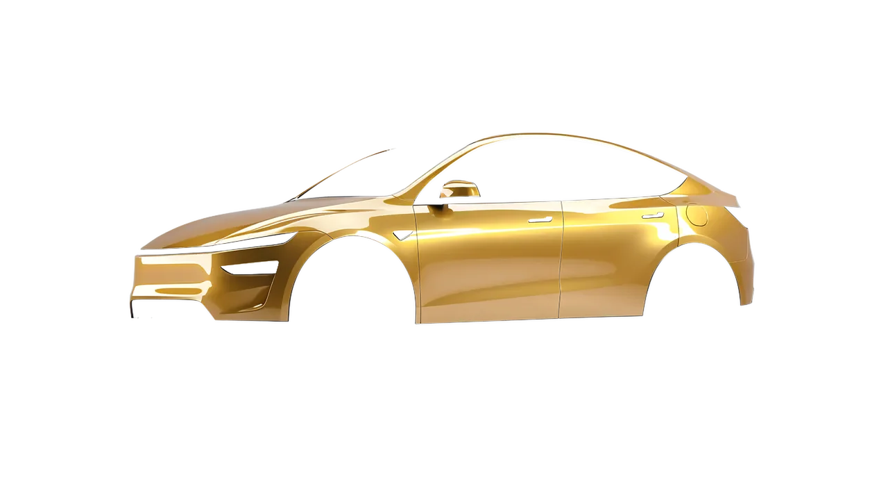 Tesla Model Y Juniper 2025 wrapped in Divine Gold Gloss (ORACAL 970RA-995G), front three-quarter view