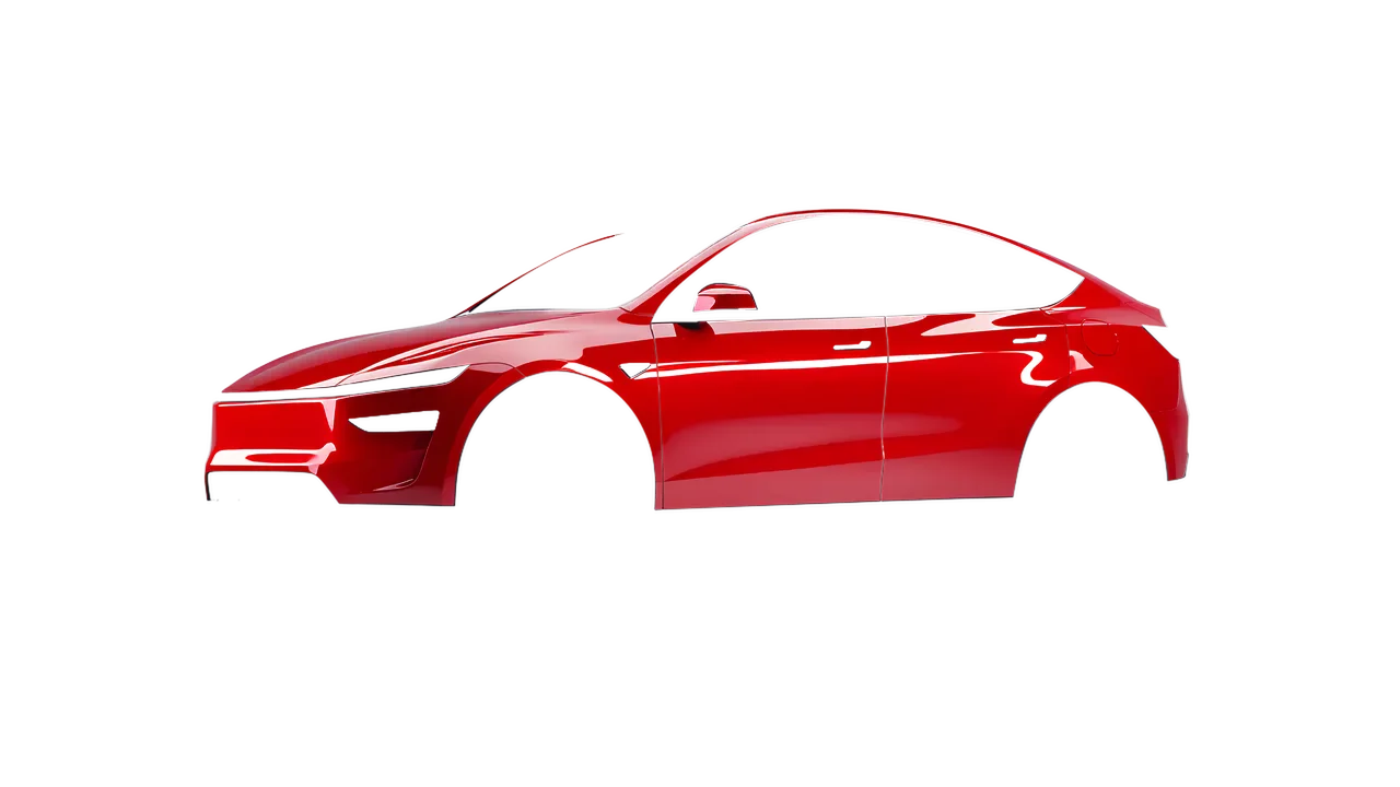 Tesla Model Y Juniper 2025 wrapped in Geranium Red Gloss (ORACAL 970RA-305G), front three-quarter view