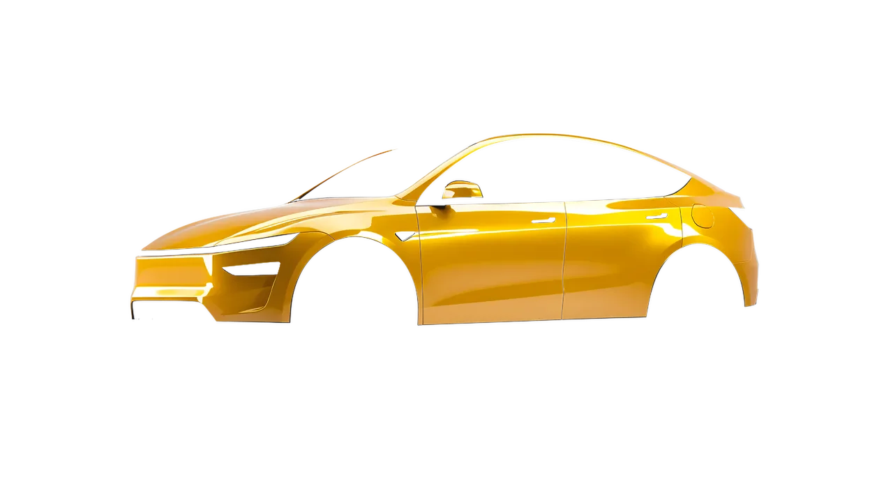 Tesla Model Y Juniper 2025 wrapped in Golden Yellow Gloss (ORACAL 970RA-020G), front three-quarter view
