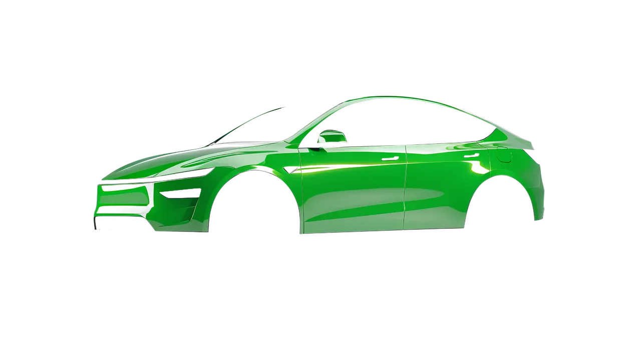 Tesla Model Y Juniper 2025 wrapped in Grass Green Gloss (ORACAL 970RA-602G), front three-quarter view