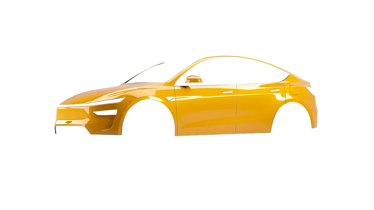 Tesla Model Y Juniper 2025 wrapped in Honey Yellow Gloss (KPMF K75436), front three-quarter view