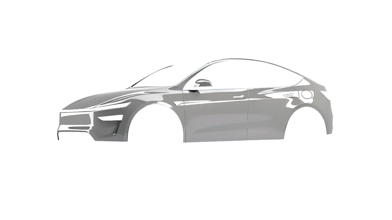 Tesla Model Y Juniper 2025 wrapped in Ice Grey Gloss (ORACAL 970RA-724G), front three-quarter view