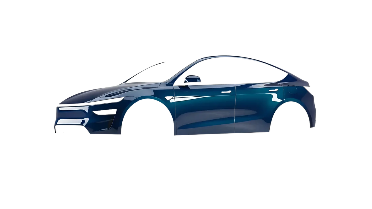 Tesla Model Y Juniper 2025 wrapped in Indigo Blue Gloss (ORACAL 970RA-544G), front three-quarter view