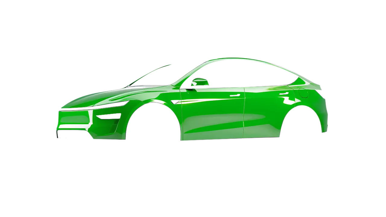 Tesla Model Y Juniper 2025 wrapped in Lawn Green Gloss (ORACAL 970RA-464G), front three-quarter view