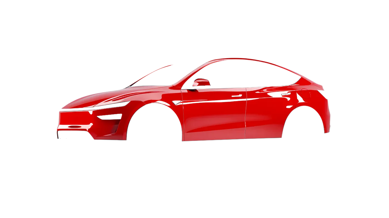 Tesla Model Y Juniper 2025 wrapped in Light Red Gloss (ORACAL 970RA-032G), front three-quarter view