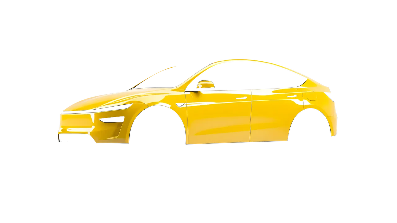 Tesla Model Y Juniper 2025 wrapped in Light Yellow Gloss (ORACAL 970RA-022G), front three-quarter view