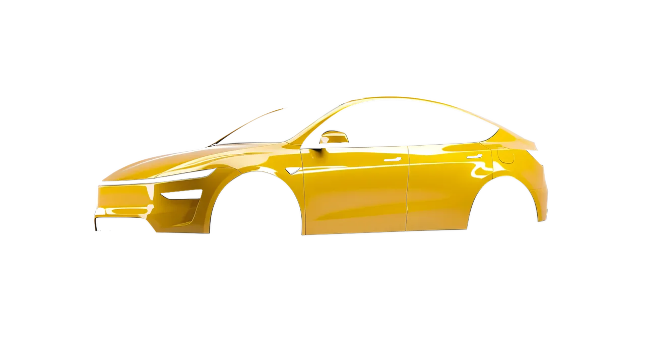 Tesla Model Y Juniper 2025 wrapped in Maize Yellow Gloss (ORACAL 970RA-209G), front three-quarter view