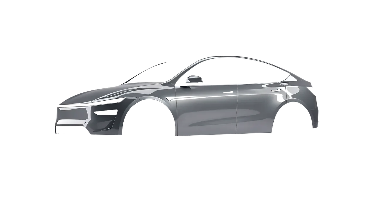 Tesla Model Y Juniper 2025 wrapped in Aluminium Gloss (ORACAL 970RA-908G), front three-quarter view