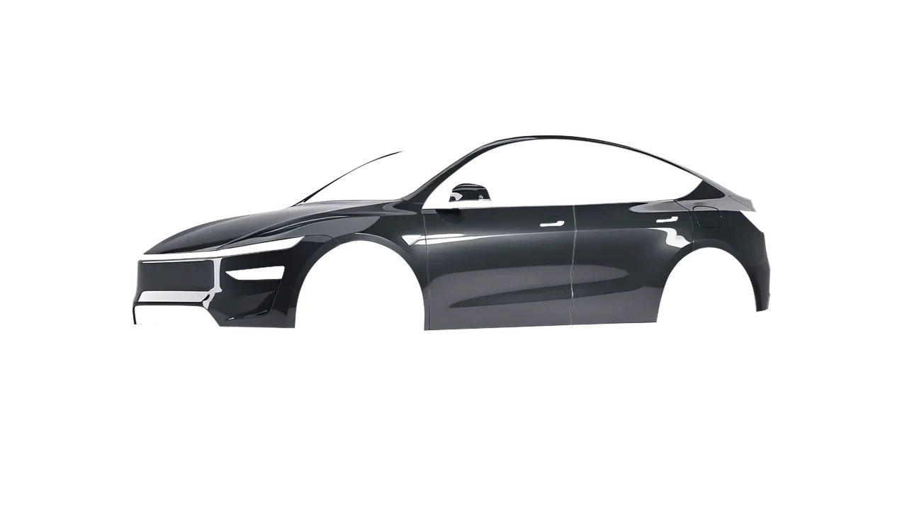 Tesla Model Y Juniper 2025 wrapped in Anthracite Gloss (ORACAL 970RA-093G), front three-quarter view
